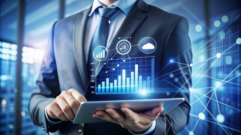 Businessman using tablet with digital graphics